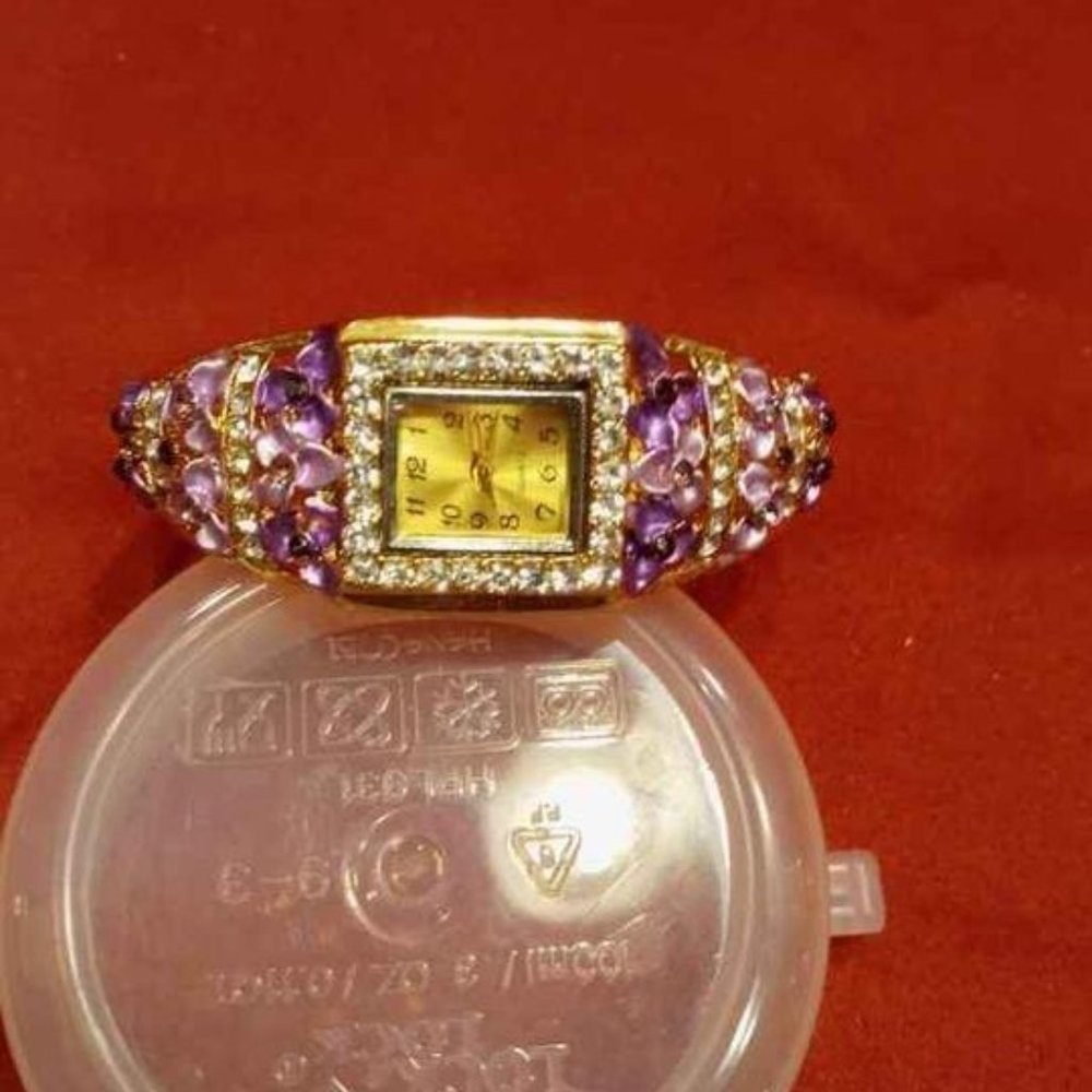 VINTAGE UNSIGNED BEAUTIFUL ORIGINAL SPRING BRACELET WATCH PURPLE FLORAL